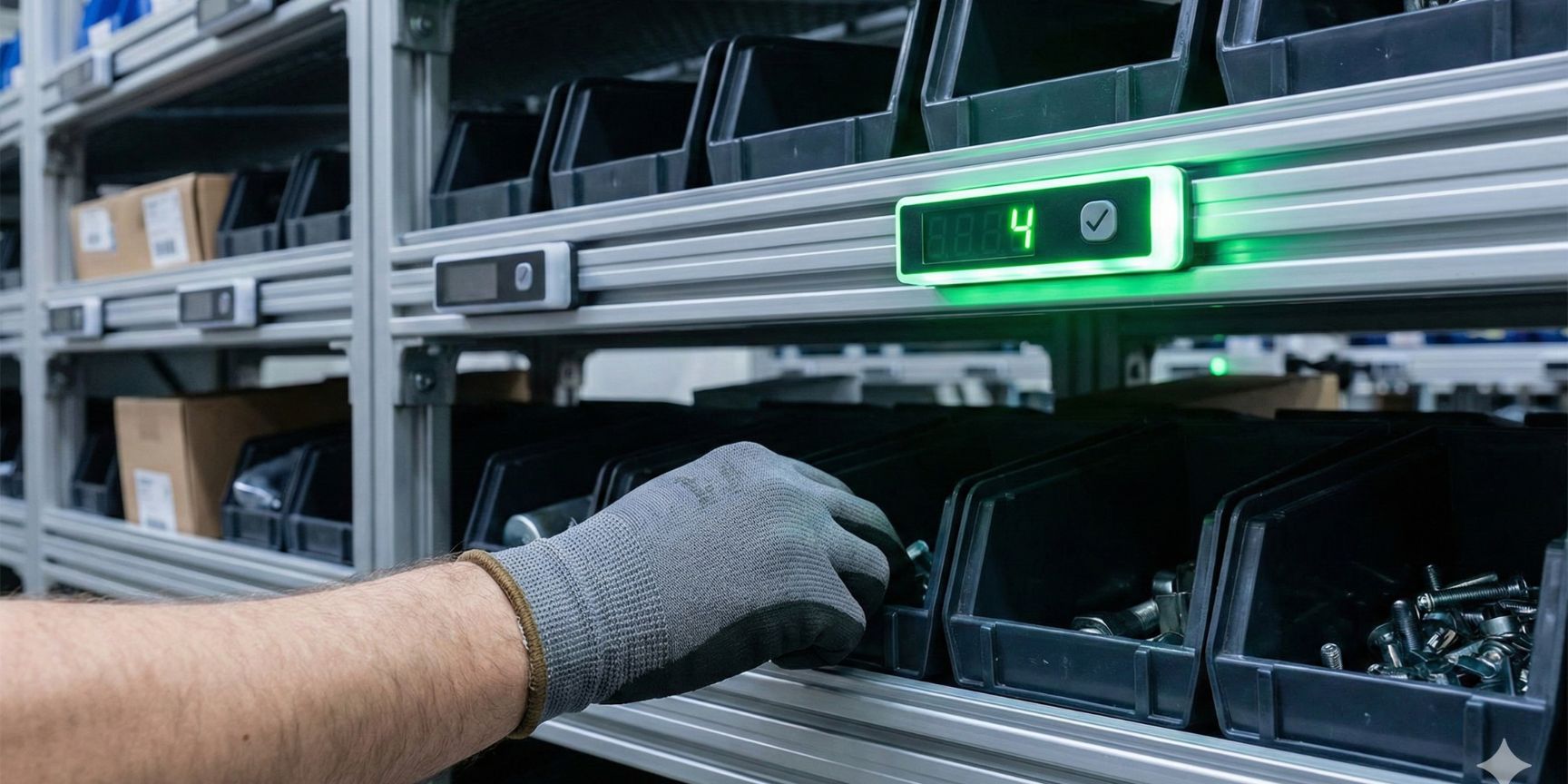 Nahaufnahme einer Pick-by-Light-Anzeige mit grüner Leuchte und Mengenangabe '4' an einem Lagerregal, während ein Mitarbeiter mit Handschuh in das entsprechende Kleinteilefach greift. Die Szene verdeutlicht die visuelle Führung bei der Kommissionierung.